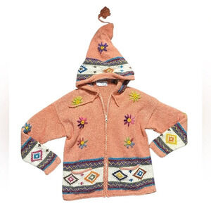 Handmade Vintage Colorful Knit 100% Wool Hooded Cardigan